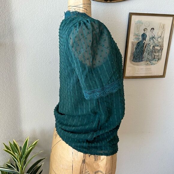 Boutique Dark Green Lace Trim sheer Polka Dot Stripe Blouse sz S Trendy - Picture 4 of 6